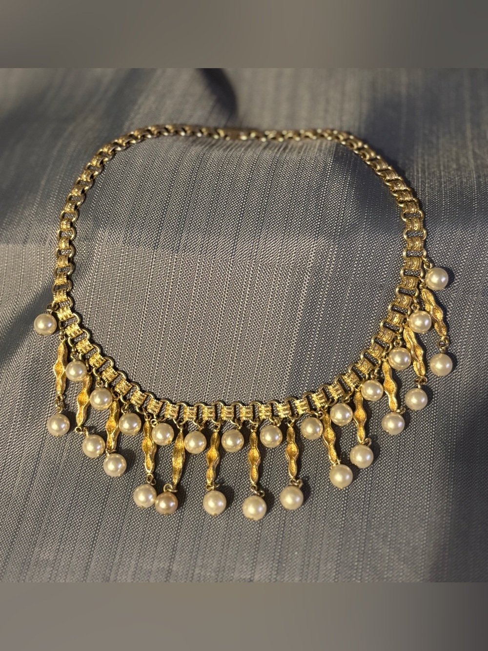 Vintage Gold Tone Faux Pearl Fringe Necklace | Mid Century Glam Jewelry